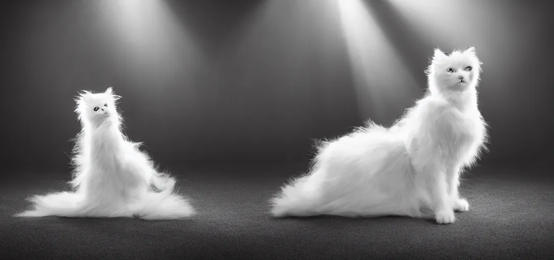 Image similar to a dancing white fluffy cat, dramatic lighting, black and white, 4 k, ultra detailed, blue eyes, professional portrait