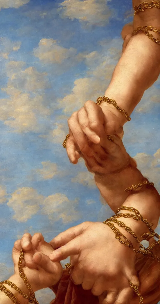 Image similar to a single hand holding a golden chain, renaissance style, realistic painting, detailed, clouds in background,