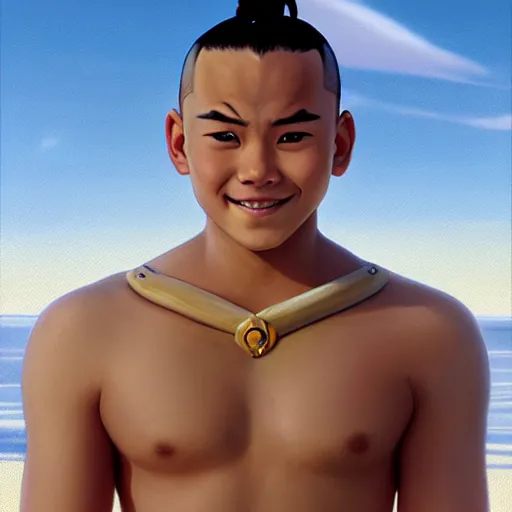 Prompt: beautiful serene intricate portrait of sokka from the water tribe as a young inuit man with light blue eyes, smiling softly, relaxing on the beach, golden hour, soft focus, 8 k, art by irakli nadar, hyperrealism, hyperdetailed, ultra realistic