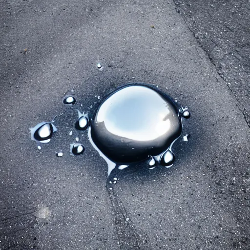 Prompt: photo of a dripping chrome blob melting on a city street macro