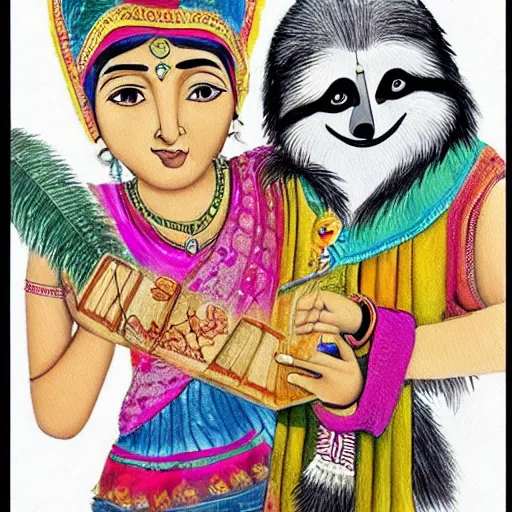 Prompt: beautiful indian woman and cute sloth investigate crime together, illustrated, children's book, high detail cartoon, colourful, watercolour