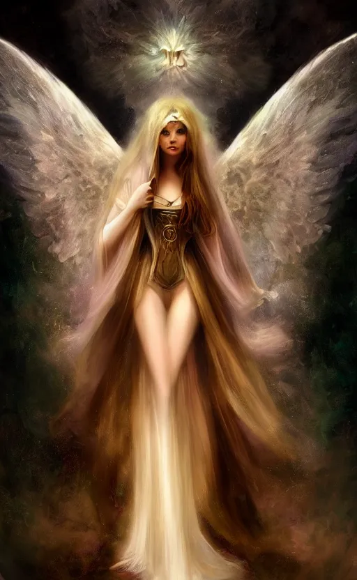 Prompt: Angel knight gothic!!!! girl. By Konstantin Razumov, Fractal flame, chiaroscuro, holographic!!!, highly detailded