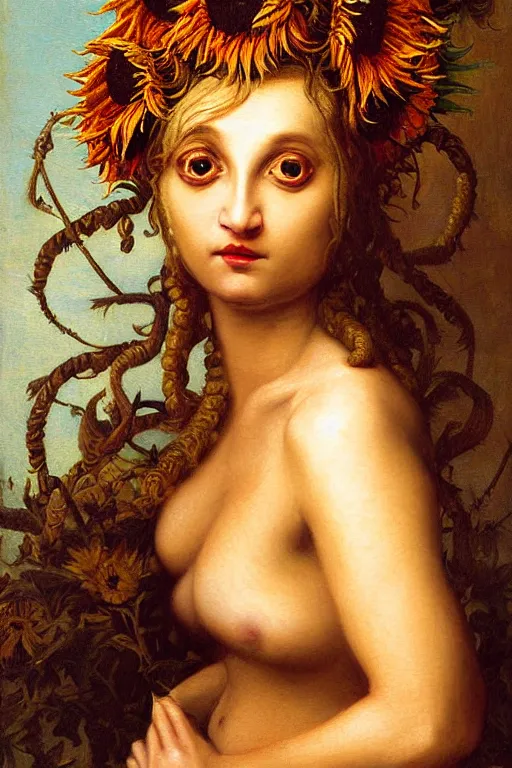 Prompt: hyper realistic painting portrait of the lady of sunflowers, occult diagram, elaborate details, rococo, baroque, gothic, intrincate ornaments, gold decoration, caligraphy, occult art, illuminated manuscript, oil painting, art noveau, in the style of roberto ferri, gustav moreau, jean delville, bussiere, andrew gonzalez, jim harter