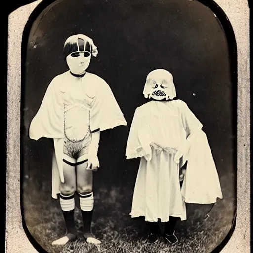 Image similar to Kids in vintage Halloween costumes, photo taken on an old box camera, black and white, film grain, 1920s, Daguerreotype, old photo, detailed, grotesque