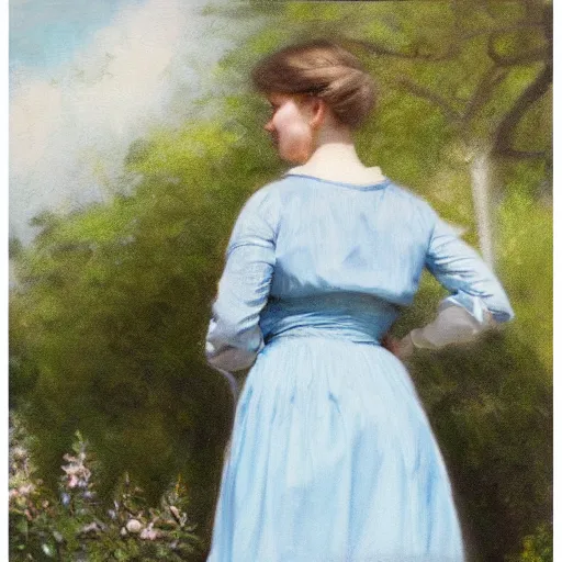 Image similar to portrait painting of a lady wearing a light blue dress 1 9 0 0 s, light, airy, garden, photorealistic, extreme detail, sharp focus, 8 k, intricate, hyper detailed, realistic, cinematic lighting