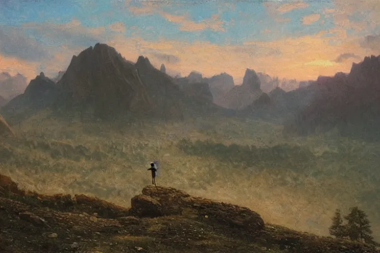 Image similar to a traveler wandering trough the mountains looking at the clouds, very detailed, focused, oil painting, cinematic lighting, albert bierstadt, trending on artstation, colorful, canvas, sunset, hans dahl, theodor kittelsen, hermann hendrich, national geographic, Konstantin Yakovlevich Kryzhitsky, beautiful nature, breathtaking, nordic