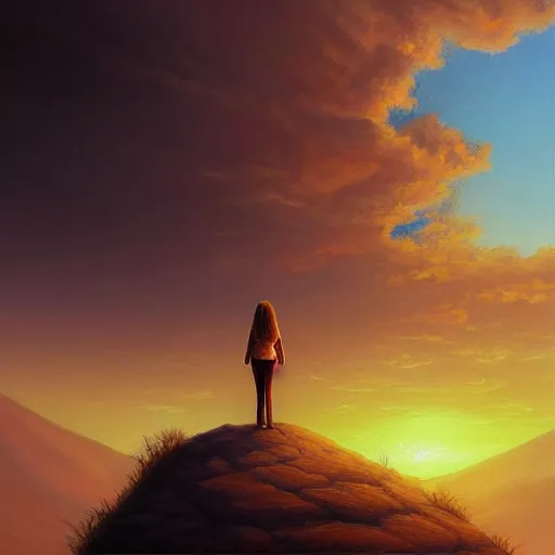 Prompt: “a lonely woman standing at the top of a hill at sunset waiting for someone to return, detailed and realistic 8k HD oil painting, by Tyler edlin”