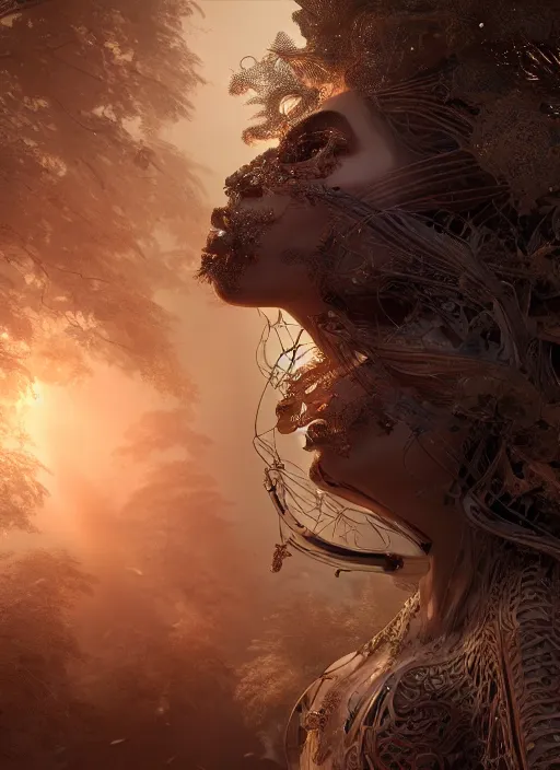 Image similar to beauteous sumptuous biomechanical incredible hair, crystalline masterpiece incrustations, hyperdetailed face, elegant pose, movie still, intricate, octane render, cinematic forest lighting, cgsociety, unreal engine, crepuscular rays, god rays