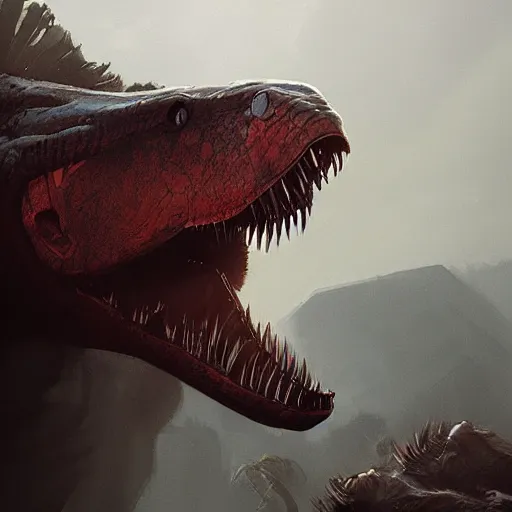 Image similar to a portrait of a trex, dramatic lighting, cinematic, establishing shot, extremly high detail, photorealistic, cinematic lighting, artstation, style by greg rutkowski