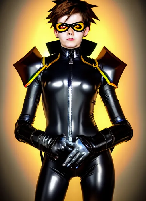 Prompt: rembrant style portrait digital artwork of tracer overwatch, confident pose, wearing black iridescent rainbow latex, 4 k, expressive happy smug expression, makeup, in style of mark arian, wearing detailed black leather collar, wearing sleek armor, black leather harness, expressive detailed face and eyes,