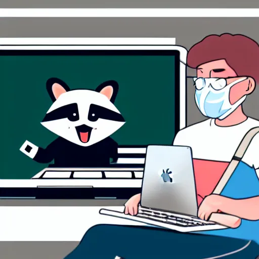 Image similar to logo of a happy raccoon pushing a grocery cart with a laptop on top and a face mask hanging off the corner