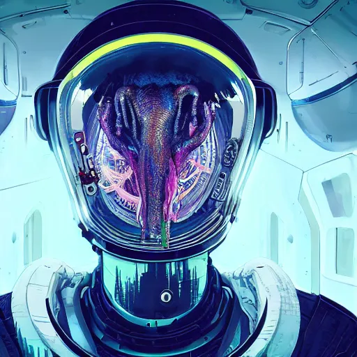 Image similar to portrait of a squid monster astronaut. full body portrait, intricate abstract. cyberpunk, intricate artwork. neon eyes, by Tooth Wu, wlop, beeple. octane render, trending on artstation, greg rutkowski very coherent symmetrical artwork. cinematic, hyper realism, high detail, octane render, 8k, minimalistic, hyperrealistic surrealism, award winning masterpiece with incredible details, a surreal vaporwave liminal space, highly detailed, trending on ArtStation