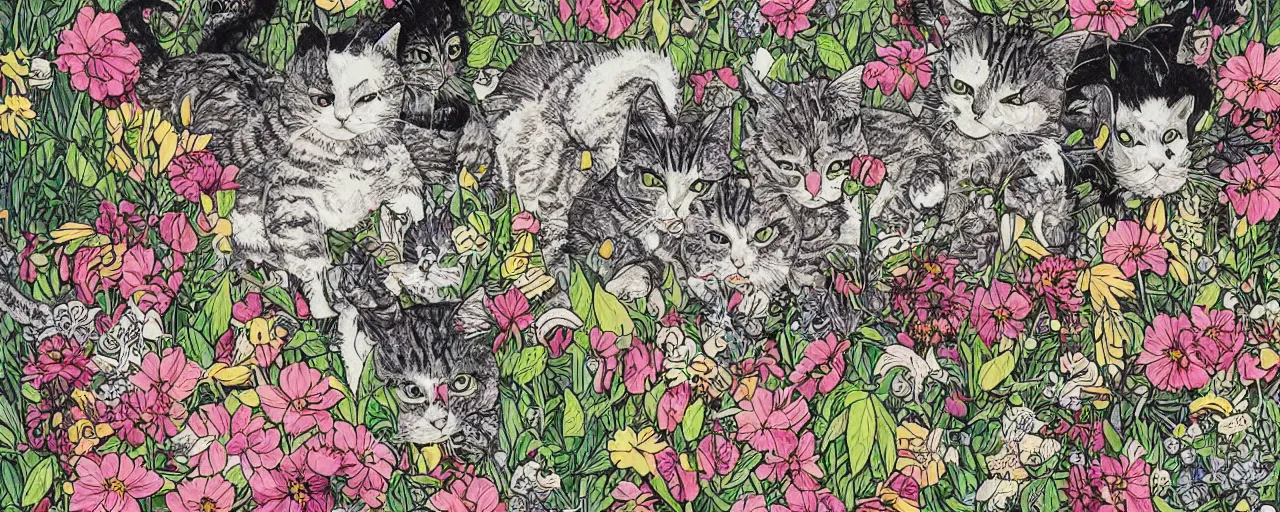 Prompt: detailed intricate ink illustration, a group of cat playing in a garden of flowers, a mix media painting by Sandra Chevrier, Studio Ghibli