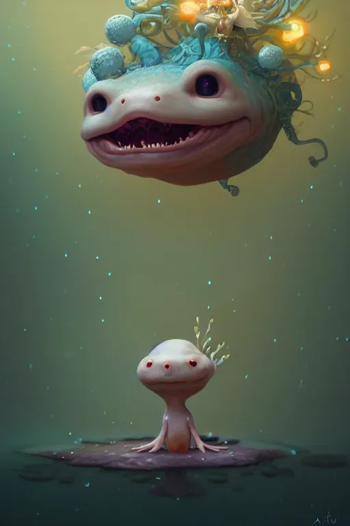 Prompt: Bioluminescent, portrait of axolotl wearing wizard hat, very intricate , trending on artstation , very elegant, in the golden hour by Daniel Merriam, Trending on Artstation, oil on Canvas by Elena Zhurikhina and Goro Fujita and Charlie Bowater, octane render, 4k, 8k, HD