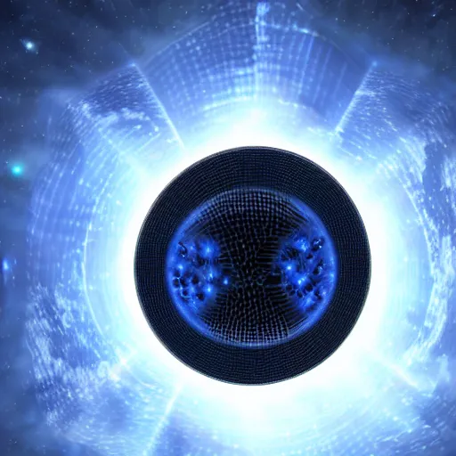 Prompt: ultrarealistic image of a dyson sphere encircling a blue sun, HD, HDR, 8k, scientific, sci-fi, robotic