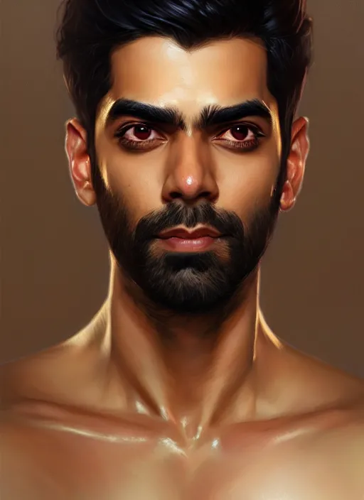 Image similar to Portrait of Rahul Kohli, D&D, muscular, robes, intricate, elegant, highly detailed, digital painting, artstation, concept art, smooth, sharp focus, illustration, art by artgerm and greg rutkowski and alphonse mucha