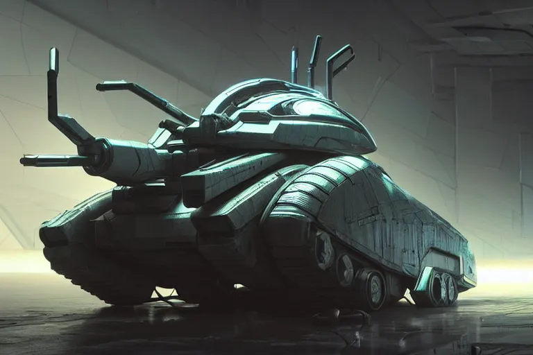 Image similar to cyberpunk alien concept inspired tank, futuristic look, highly detailed body, very powerful, photorealistic camera shot, bright studio setting, studio lighting, crisp quality and light reflections, unreal engine 5 quality render