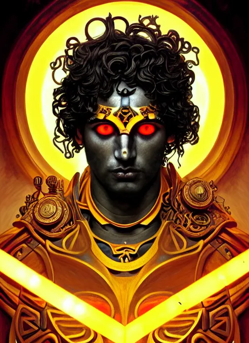 Image similar to portrait of greek god ares, black curly hair, glowing eyes, volumetric lights, war, weapons, yellow red scheme, art nouveau botanicals, gothic, intricate, highly detailed, digital painting, artstation, concept art, smooth, sharp focus, symmetric face, illustration, steampunk, art by artgerm and greg rutkowski and alphonse mucha