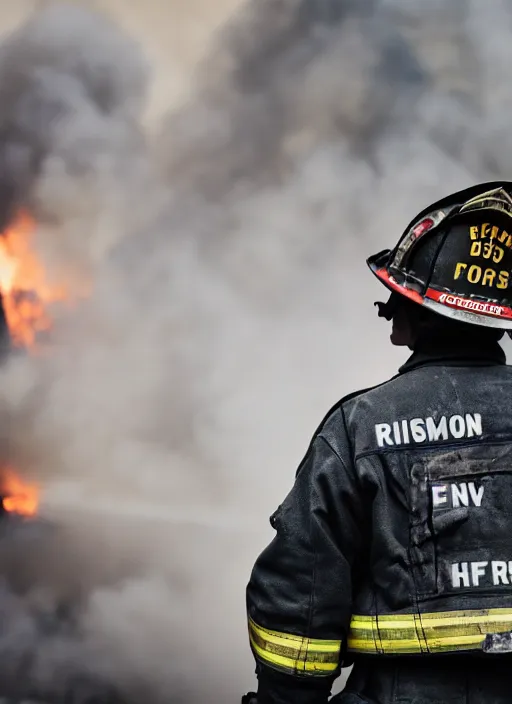 Image similar to a 3 5 mm photo from the back of a firefighter standing in front of a burning building, bokeh, canon 5 0 mm, cinematic lighting, film, photography, depth of field, award - winning