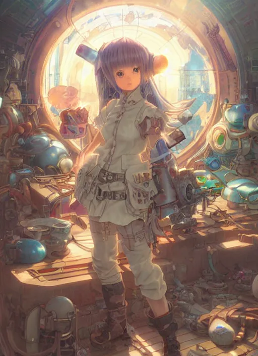 Image similar to prompt : ragnarok online portrait soft light painted by james jean and katsuhiro otomo and erik jones, inspired by akira anime, epic fantasy, a young tinker girl working on a device in her workshop, workshop in the background, intricate oil painting, high detail illustration, sharp high detail, manga and anime 1 9 9 9