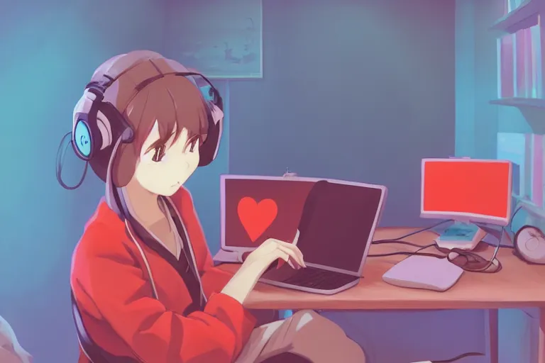 Prompt: lo - fi anime girl playing computer games, wearing a blue cardigan and red aesthetic lo - fi headphones, brightly lit room, a lamp hovers above as it illuminates the room, illustrated by juan pablo machado, nighttime!!!!!!, cgsociety contest winner, artstation, golden ratio, dim lighting, studio ghibli!!!, 4 k