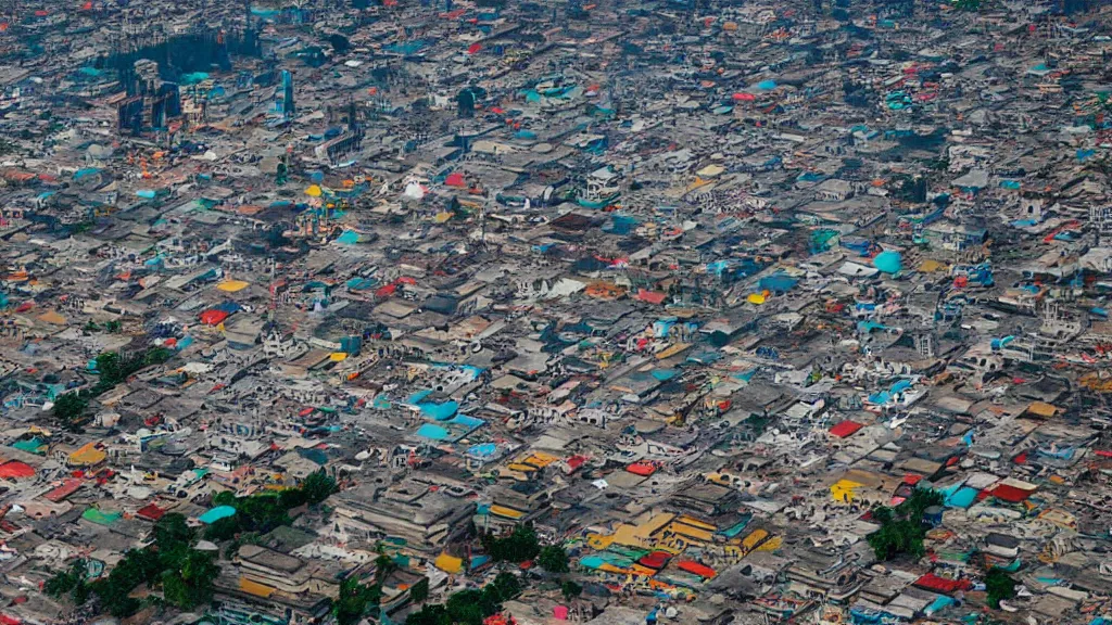 Image similar to remarkable airplane view of a cyberpunk mayan city in guatemala and it is graced by a huge sacred futuristic cyberpunk temple