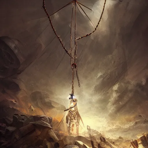 Image similar to Soldiers dressed in ancient times pushed a huge pendulum,digital art,trending on artstation,epic perspective.