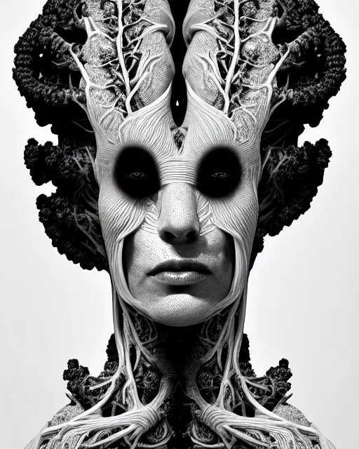 Image similar to a black and white high quality photo of a young beautiful female queen-vegetal-dragon-cyborg bust with a very long neck and Mandelbrot fractal face, Mandelbrot fractal skin, flesh, anatomical, facial muscles, veins, arteries, elegant, highly detailed, flesh highly baroque ornate, hair are wired cables, elegant, high fashion, rim light, octane render, in the style of Cindy Sherman, Realistic, Refined, Digital Art, Highly Detailed, Cinematic Lighting, rim light, black and white, photo-realistic, 8K