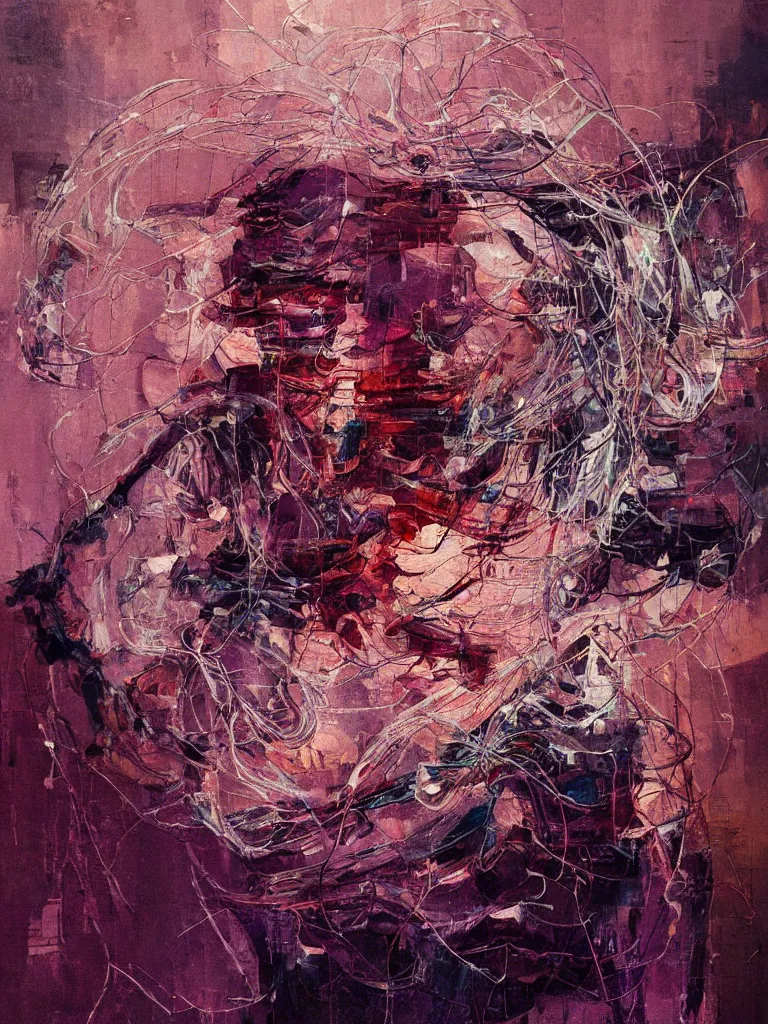 Prompt: a beautiful glitched painting by robert proch of a glitched anatomy study of the human nervous system, color bleeding, pixel sorting, copper oxide material, brushstrokes by jeremy mann, studio lighting, pastel purple background, square glitches