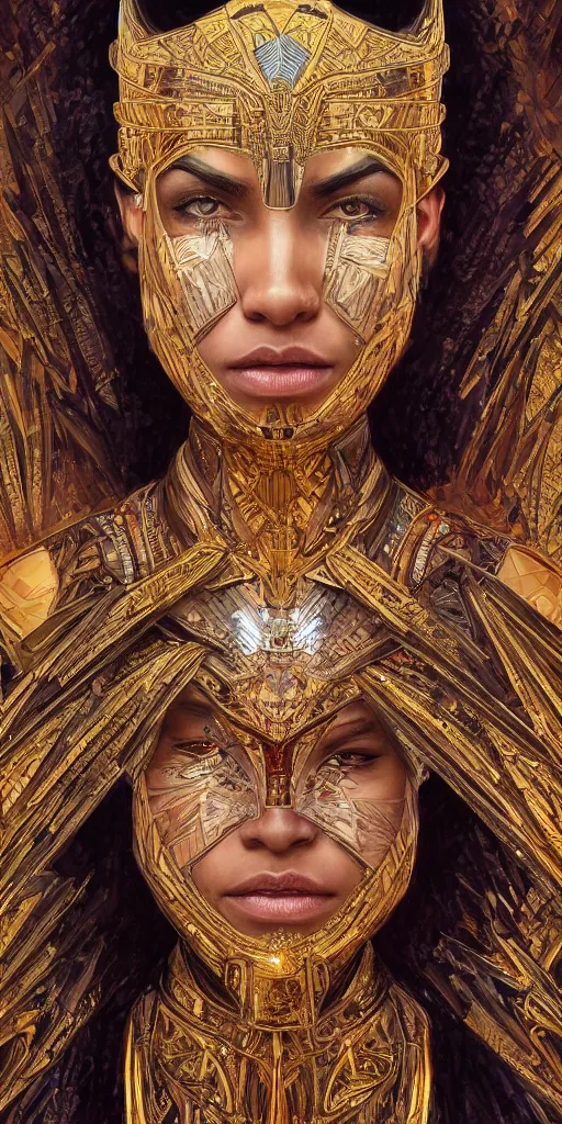 Image similar to HDR portrait photography of The Benevolent Cyborg Queen vertically mirrored above The Evil Cyborg King, ethnic, fantasy, intricate, elegant, highly detailed, African, Egyptian, Aztec, Mayan, digital painting, artstation, HDR photo, smooth, sharp focus, illustration, art by artgerm and greg rutkowski and alphonse mucha