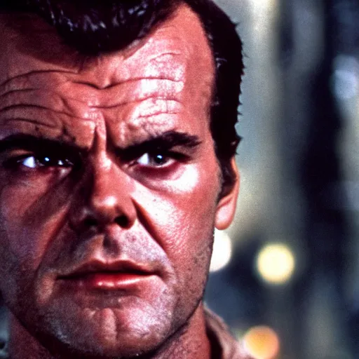 Prompt: young Jack Nicholson as Rick Deckard on blade runner 1982, slightly smiling, wide angle lens, movie still, in color, movie frame, detailed face, symmetrical face, 4k