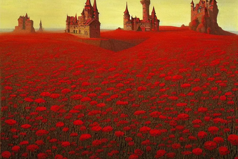 Image similar to only with red, red flowers of different types, a red tiger, a castle in the background, medieval demons dance over the flowers, an ancient path, in the style of beksinski, part by hopper, part by rodcenko, part by hofbauer, intricate composition, red by caravaggio, insanely quality, highly detailed, masterpiece, red light, artstation