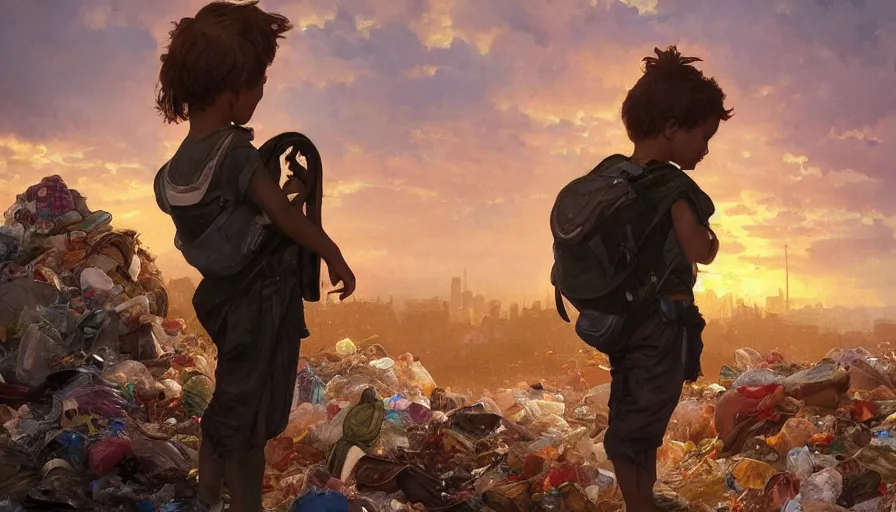 Image similar to poor detailed child with backpack looking for food at garbage dump, city is pure wasteland, sunset in background, detailed characters, alphonse mucha, greg rutkowski, trending on artstation, artgerm, breathtaking, sharp focus, smooth, mark arian, award winning, highly detailed 4 k art