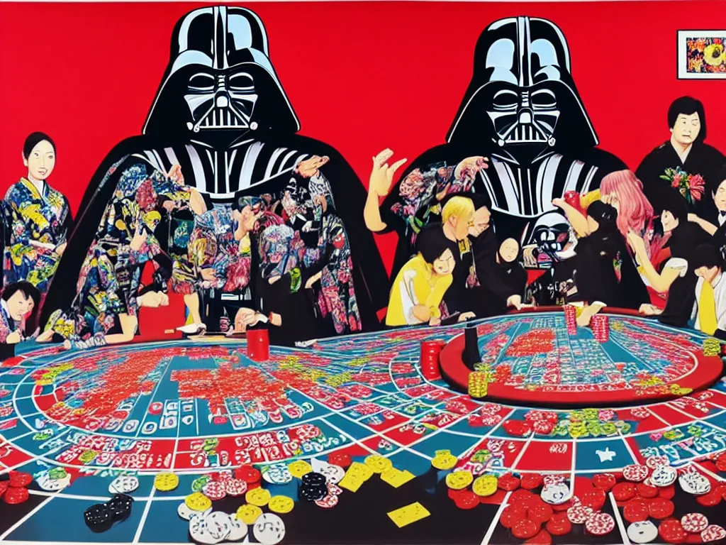 Image similar to hyper - realistic composition of a large room with an extremely detailed poker table in the center, woman in traditional japanese kimono standing nearby, darth vader sitting at the table, fireworks in the background, pop art style, jackie tsai style, andy warhol style, acrylic on canvas, dull palette