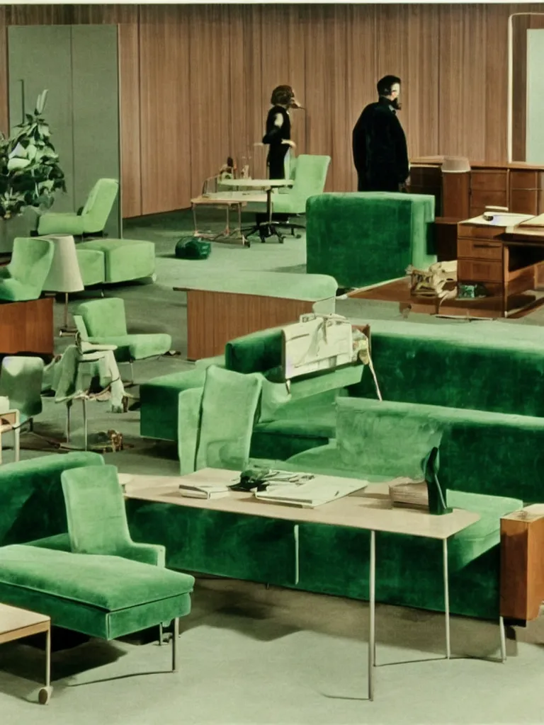 Image similar to a still of severance series indoor 7 0 s green velvet and wood with metal furniture office scenario appearing in a film of jacques tati, in movie playtime ( 1 9 6 7 ) color