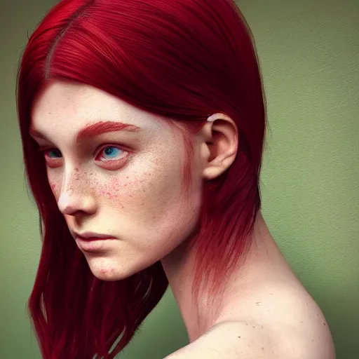 Image similar to girl portrait. red hair, green eyes. intricate artwork. octane render, trending on artstation, very coherent symmetrical artwork. cinematic, hyper realism, high detail, octane render, 8k, matte painting, 3d