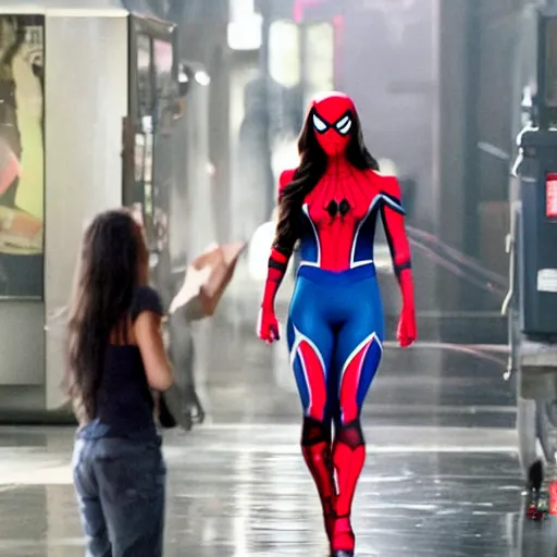 Image similar to film still of megan fox as spiderman, cinematic scene, hollywood standard