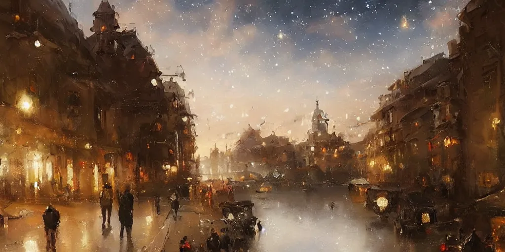 Prompt: stunning landscape painting of an city from 1 7 0 0 with stars in the sky by krenz cushart