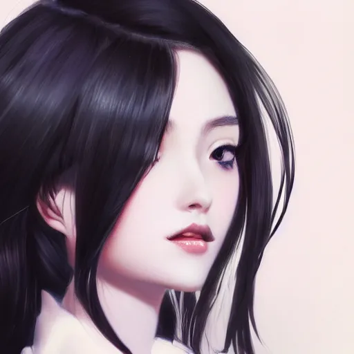 Prompt: a beautiful and elegant girl by wlop, black hair, dream, closeup headshot, 8 k, high detailed, style of ghost blade, ultra - realistic painting, trending on artstation, cg rendering.