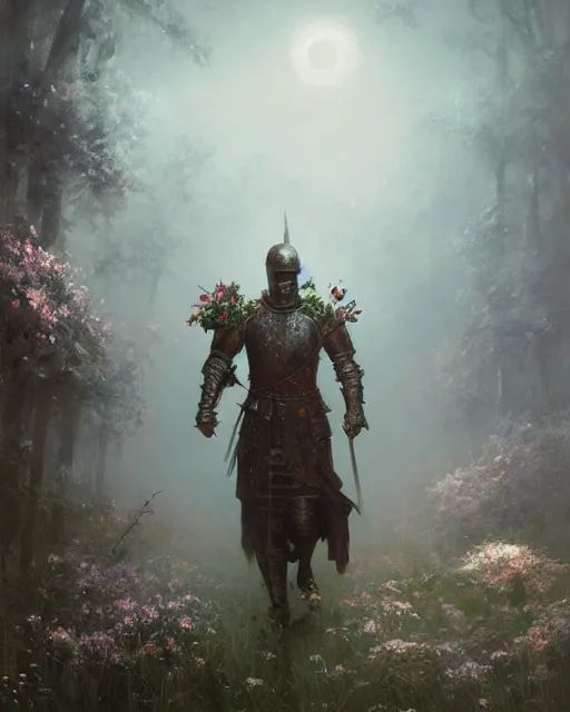 Image similar to Hyper realistic oil painting of a knight covered in flowers, fog, volumetric lighting, nighttime, moonlight, creepy, by greg rutkowski