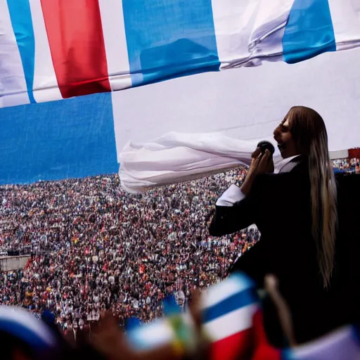 Image similar to Lady Gaga as president, Argentina presidential rally, Argentine flags behind, bokeh, giving a speech, detailed face, Argentina