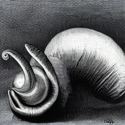 Image similar to a close-up an immortal snail crawling out of a broken open up tungsten ball, painted in the style of Gustave Doré