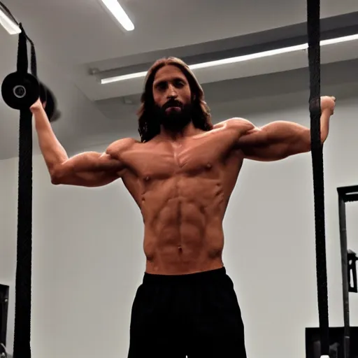 Image similar to photo of Jesus Christ at the gym lifting heavy weights working out, ripped lean body, skinny attractive Jesus, 8k, inspirational post