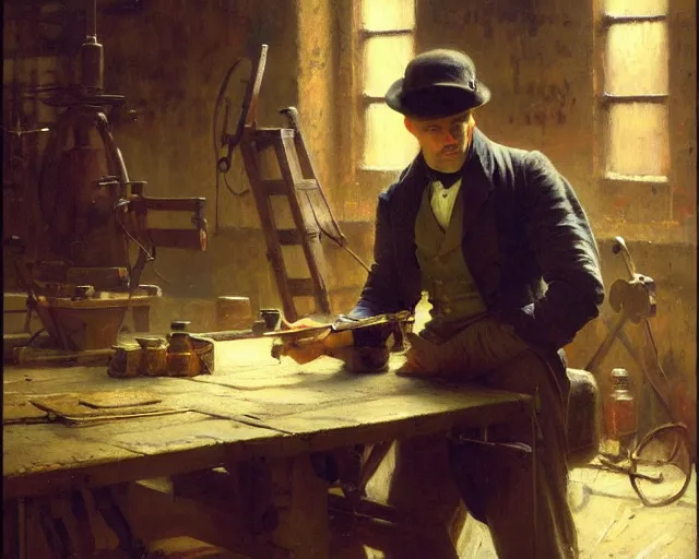 Image similar to attractive man working hard at an 1 9 th century factory. highly detailed painting by gaston bussiere, craig mullins, j. c. leyendecker 4 k