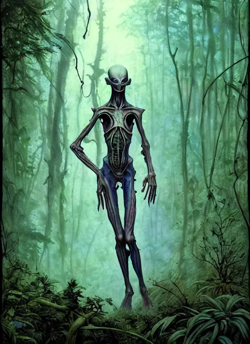 Image similar to hyper realistic magic alien in the woods in a river gorgeous lighting, lush forest foliage blue sky a hyper realistic ink drawing by chiara bautista and beksinski and norman rockwell and greg rutkowski, tom bagshaw weta studio, and lucasfilm