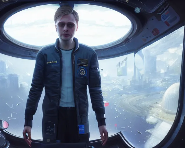 Image similar to highly detailed portrait of michael pitt as an android in a space shuttle, in detroit : become human, stephen bliss, unreal engine, fantasy art by greg rutkowski, loish, rhads, ferdinand knab, makoto shinkai and lois van baarle, ilya kuvshinov, rossdraws, tom bagshaw, global illumination, radiant light, detailed and intricate environment