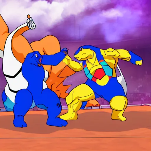 Prompt: blastoise punching charizard in the face, wrestling ring