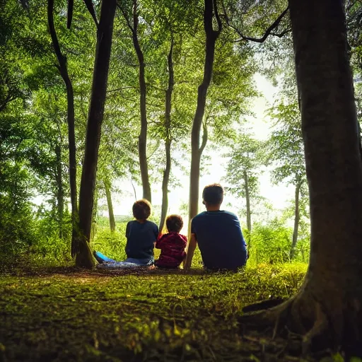 Image similar to Peeking through the forest trees at a happy family sitting around a campire