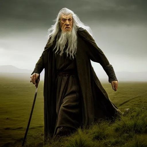Prompt: landscape photo of ian mckellen as gandalf in a dark hood walking with haste through grasslands, arial shot, highly detailed, cinematic shot, cinematic lighting, 8 k, exquisit facial detail, magical realism painting, chiaroscuro, dark painting.