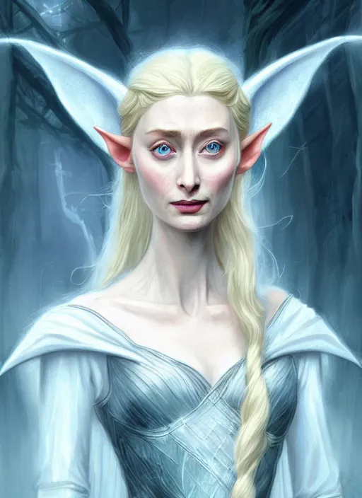 Prompt: beautiful elf elizabeth debicki as galadriel, lord of the rings, lotr fanart, trending on artstation, character art, the hobbit, digital painting, concept art, smooth, sharp focus, illustration, art by artgerm and greg rutkowski, radiant light,